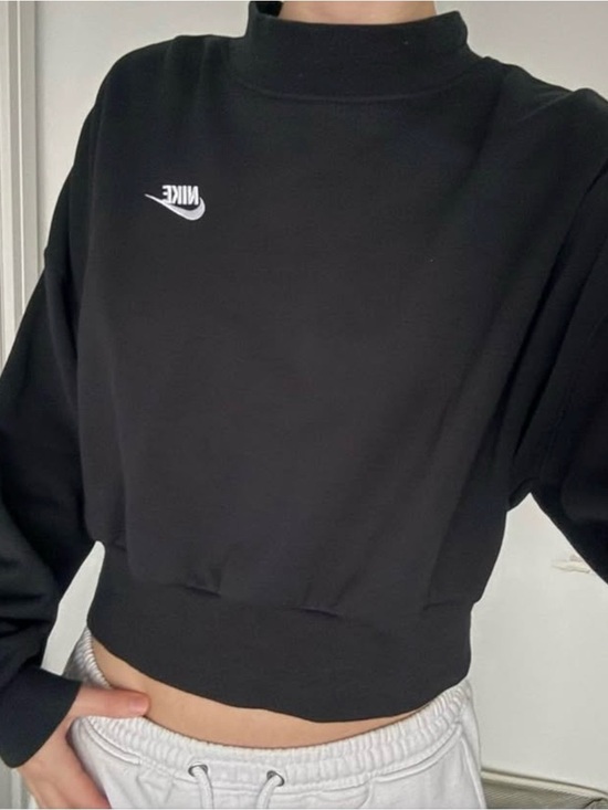 Nike Tops - Nike Black Cropped Mock-Neck Sweatshirt with White Swoosh